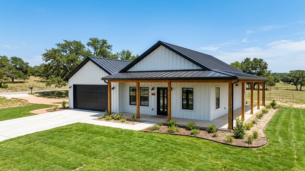 1,260 sq ft barndominium plan 041-00348 with 2-car garage and wraparound porch