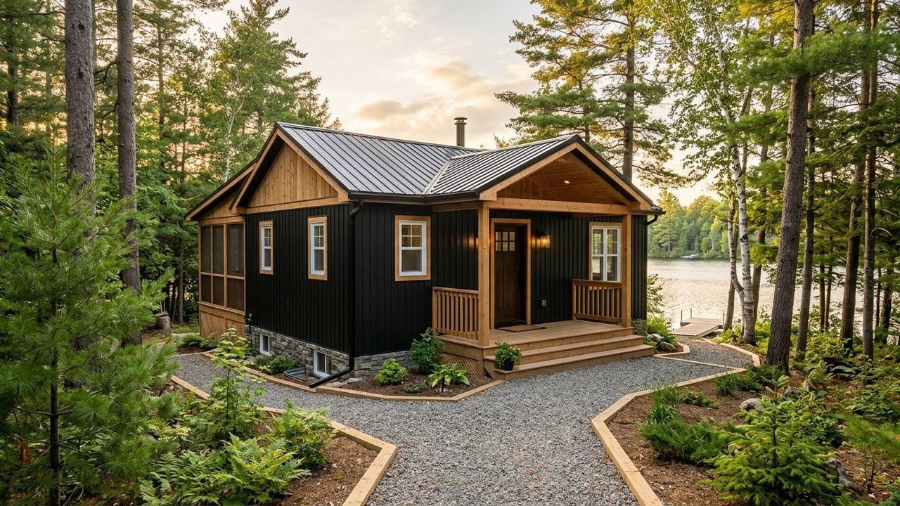 Blackwood manufactured home with black siding, screened porch and double porches