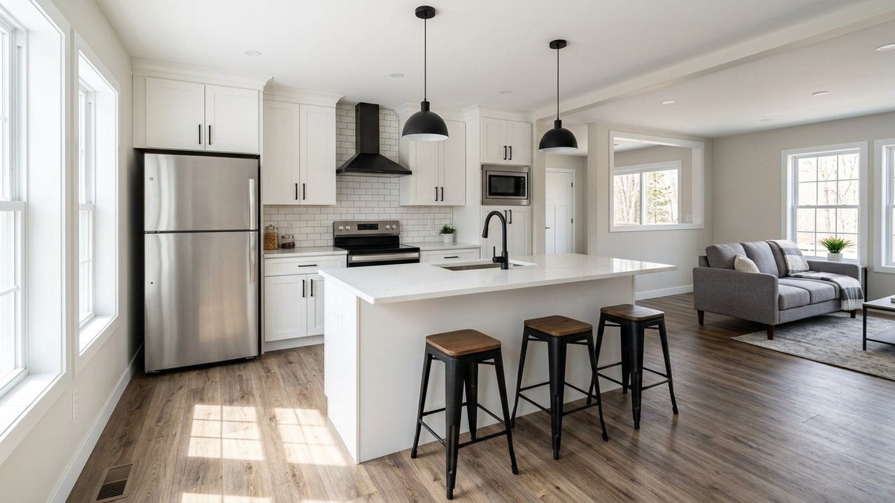 Modern 2-bedroom manufactured home kitchen with large island and stylish finishes
