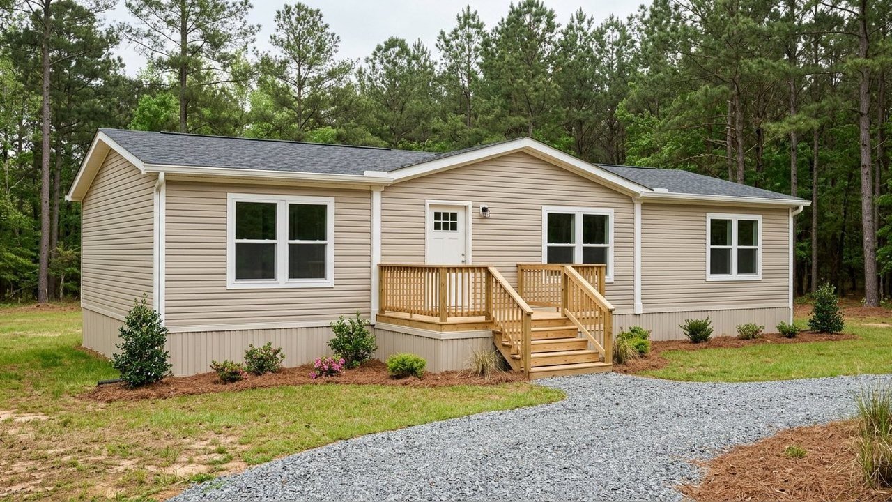 2025 double-wide manufactured home with beige siding and wooden front deck