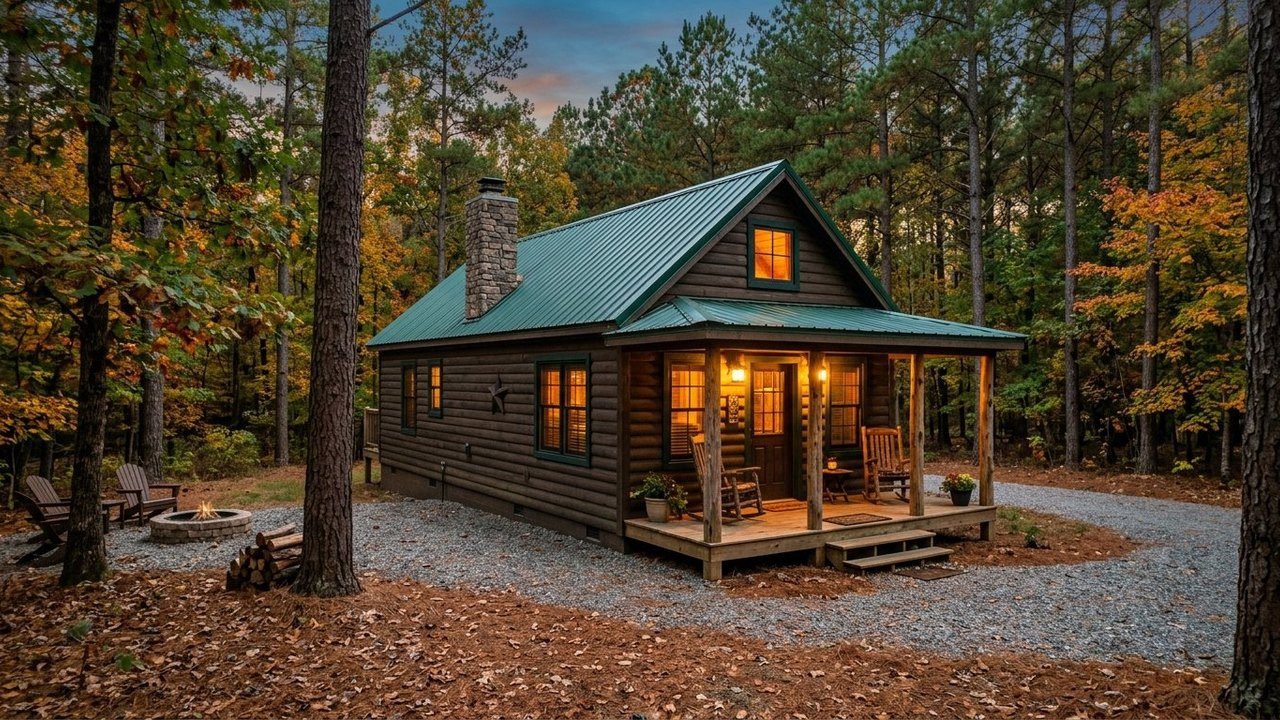Rustic lodge home park model RV cabin with log siding and porch in pine forest