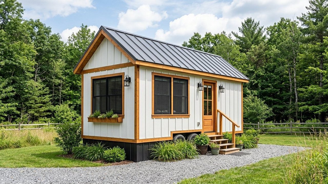 Tiny mobile home with white board-and-batten siding and cedar trim for rent-to-own