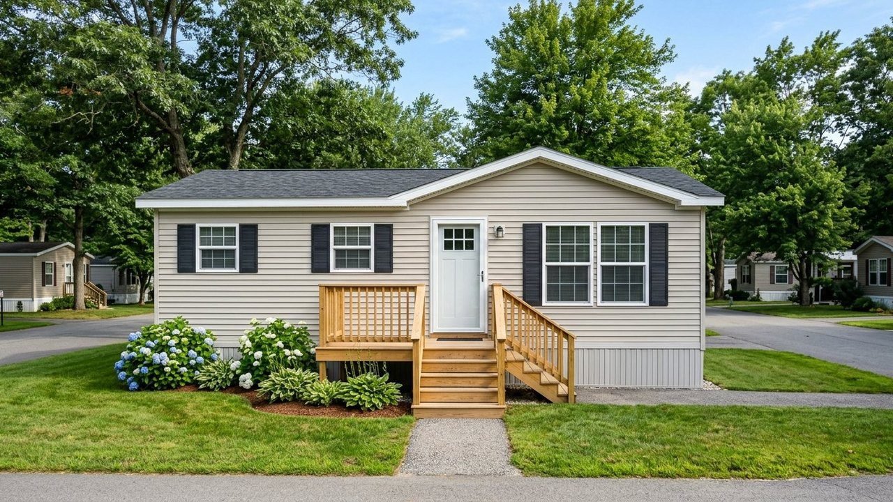 Affordable 3-bedroom 2-bath single-wide manufactured home with wooden front deck