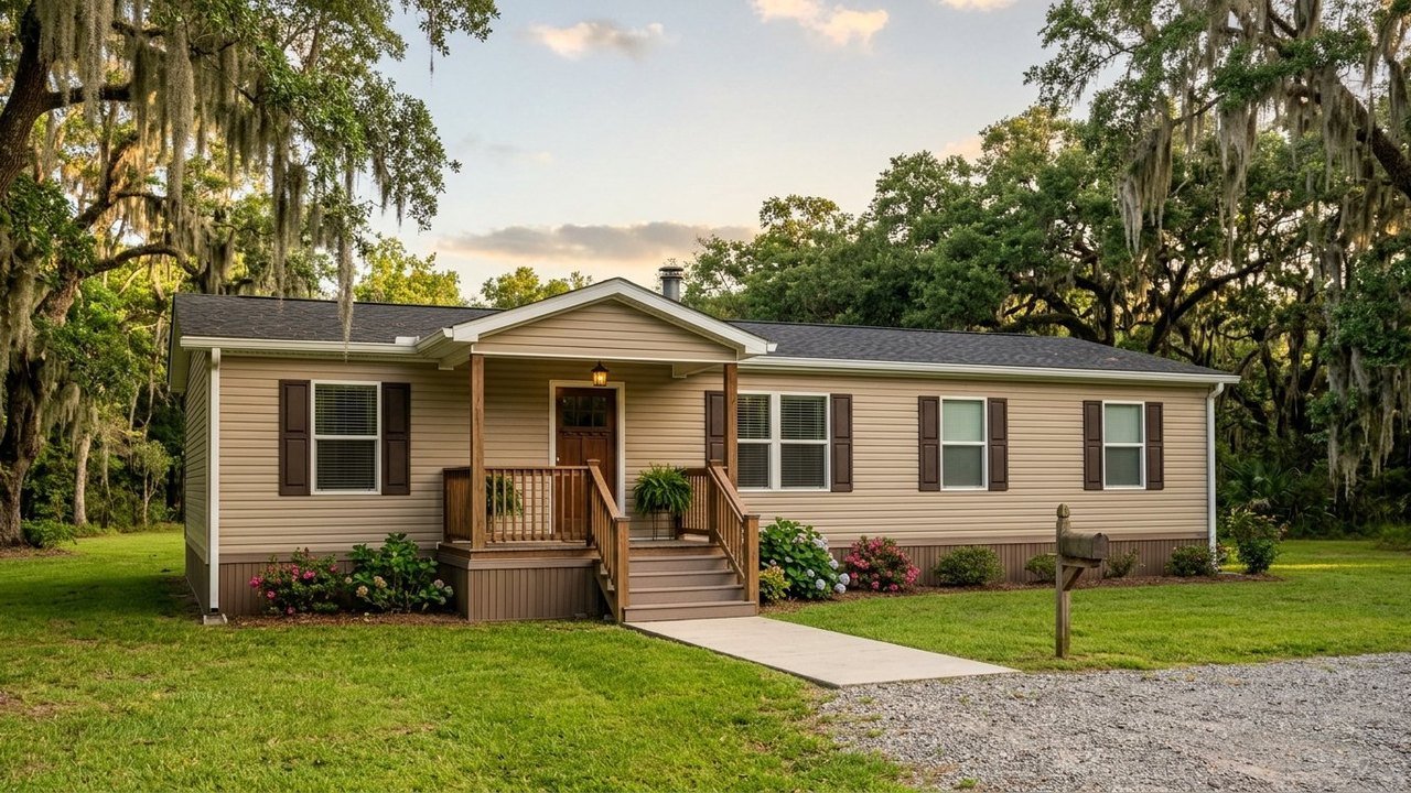 3 bedroom manufactured home for sale with tan siding under oak trees