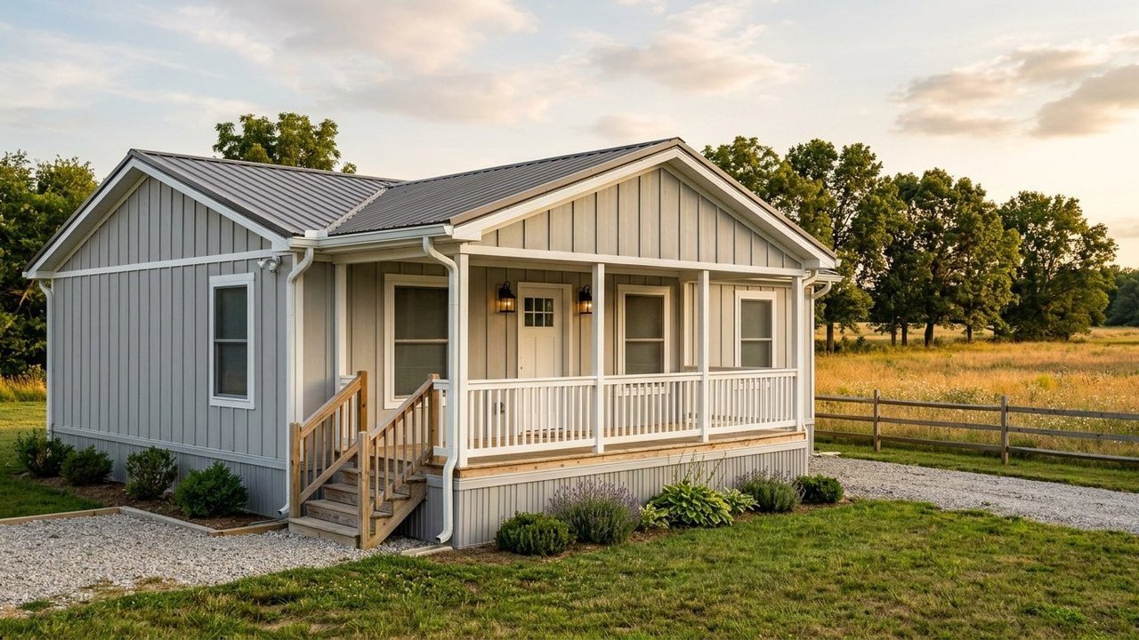 Affordable 3-bed 2-bath farmhouse-style manufactured home with covered front porch