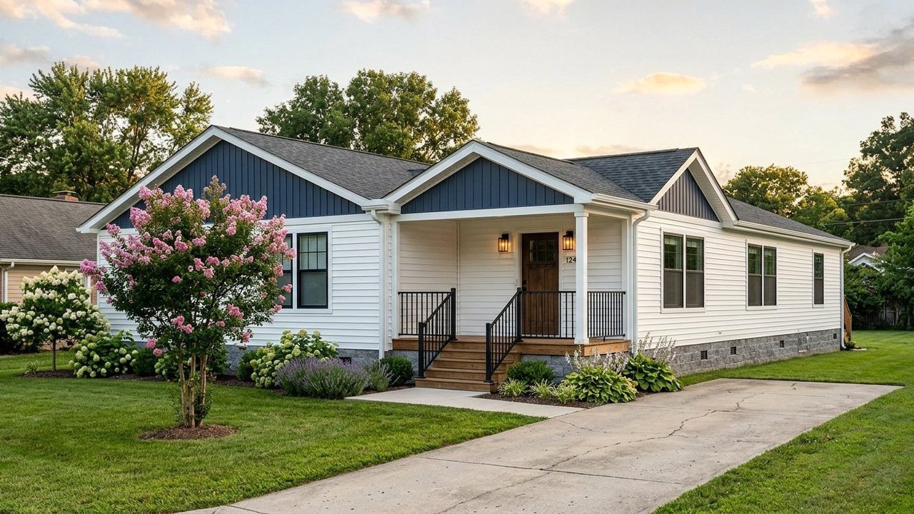 Helicon 3.0 4-bedroom double wide manufactured home with navy gable accents