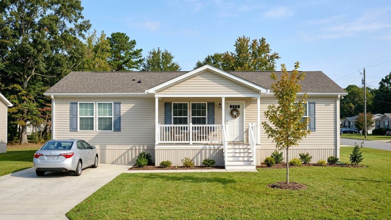 4 bedroom 2 bath mobile home with beige siding, front porch and green lawn