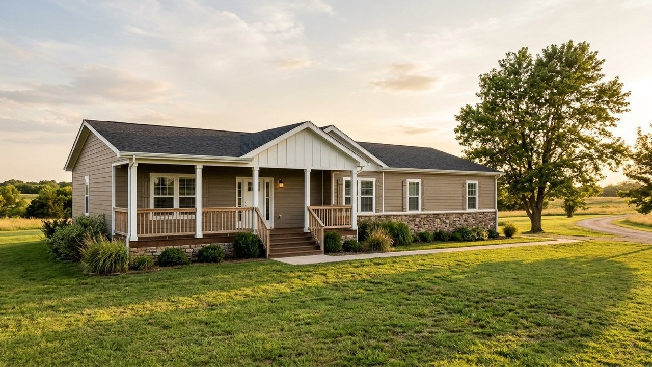 4 bedroom family size double-wide manufactured home with covered porch and large lawn