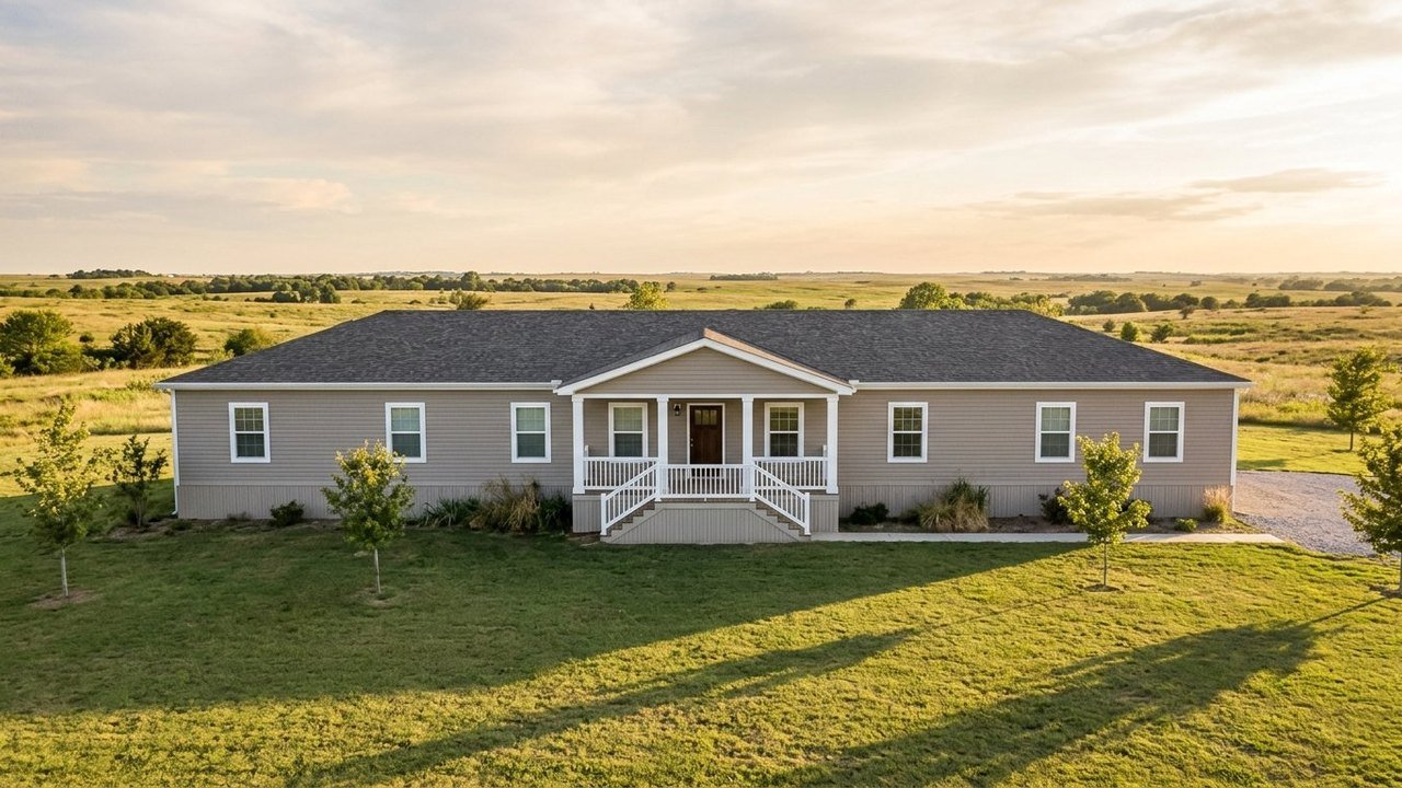 4 bedroom triple wide manufactured home with taupe siding and covered porch