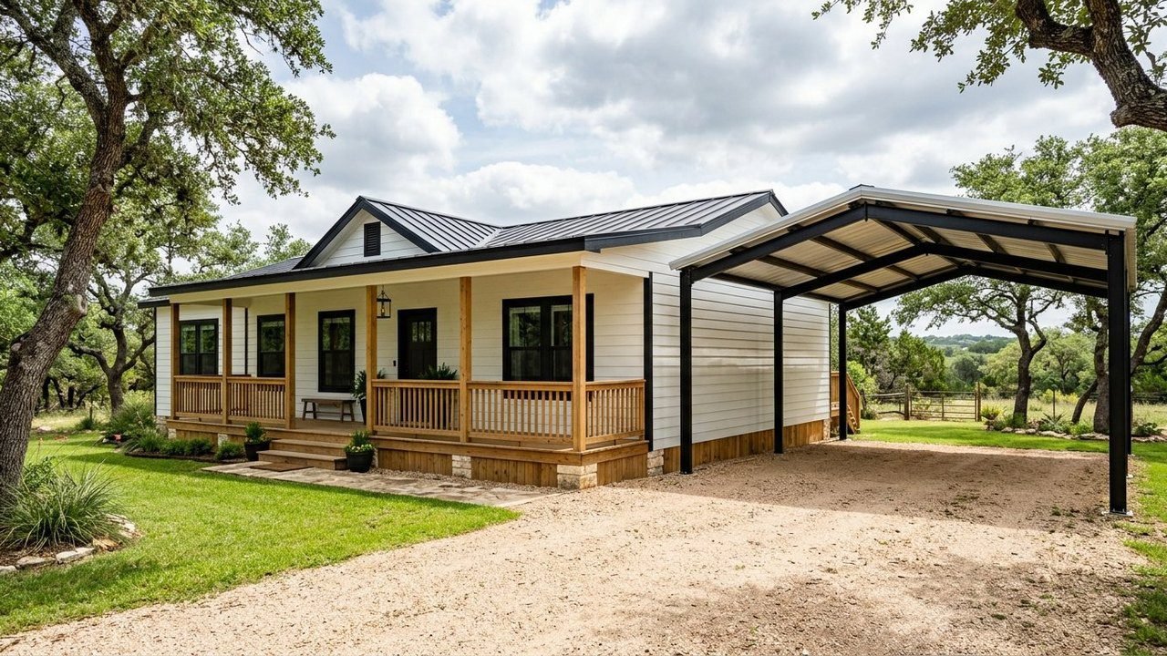 Farmhouse manufactured home with covered front porch and attached side carport