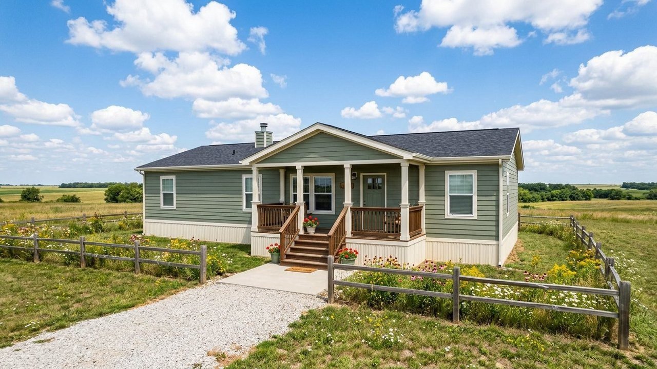 3-bedroom modern country manufactured home with sage green siding and front porch