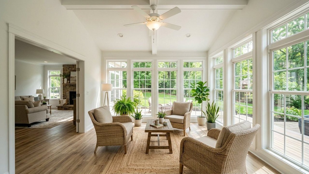 Bright sunroom inside a 4-bedroom quad-section manufactured home with tall windows