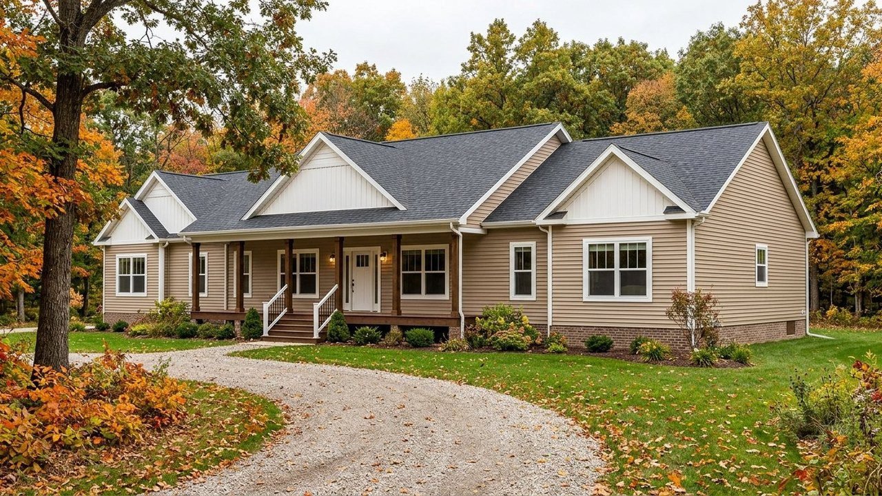 Spacious quad-section manufactured home with 4 bedrooms and covered porch in autumn
