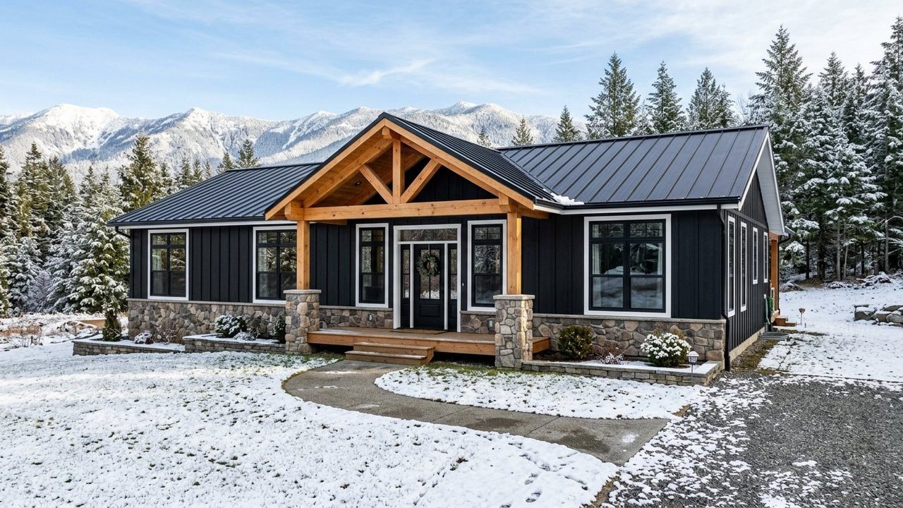 Black farmhouse manufactured home with metal roof and timber porch in the mountains