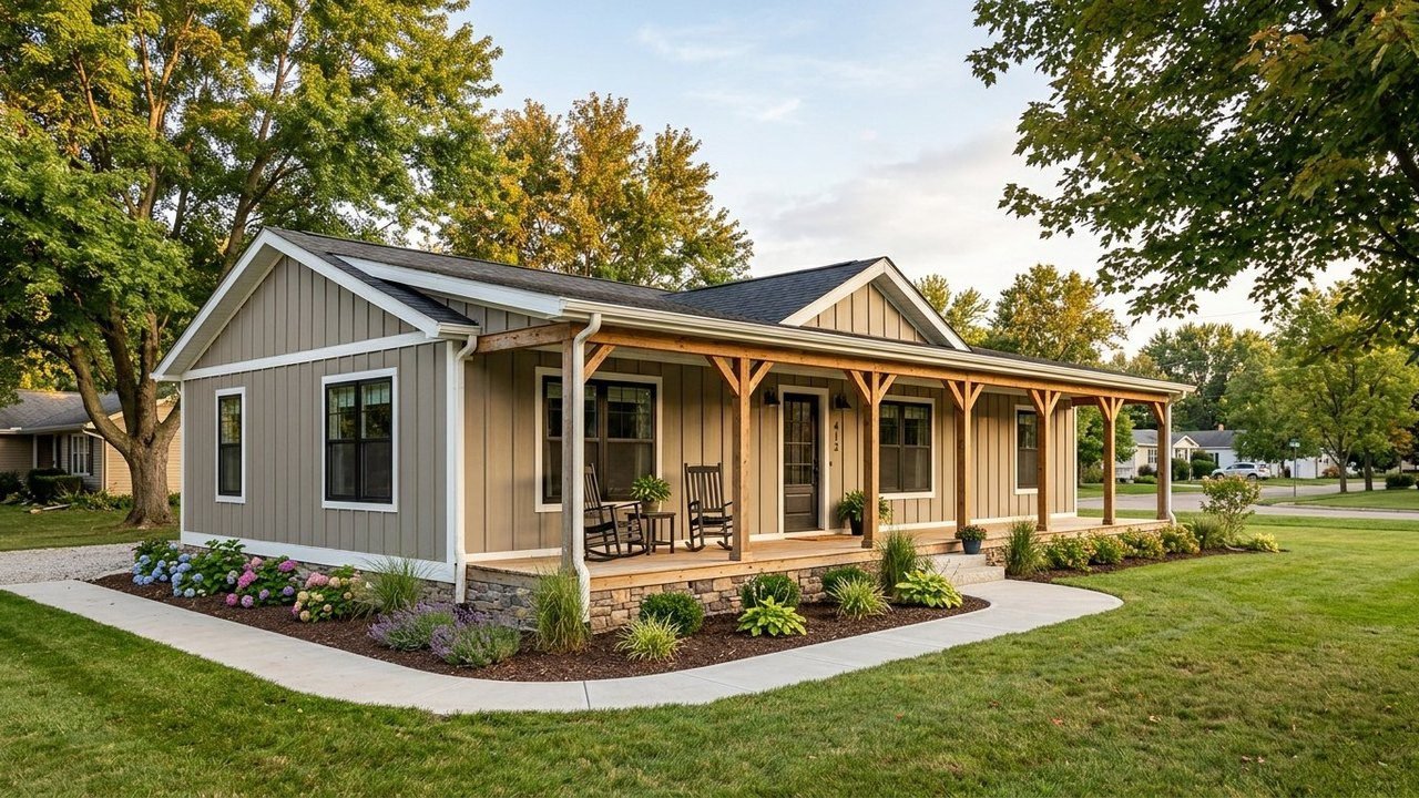 3-bed 2-bath manufactured home with covered front porch and rocking chairs