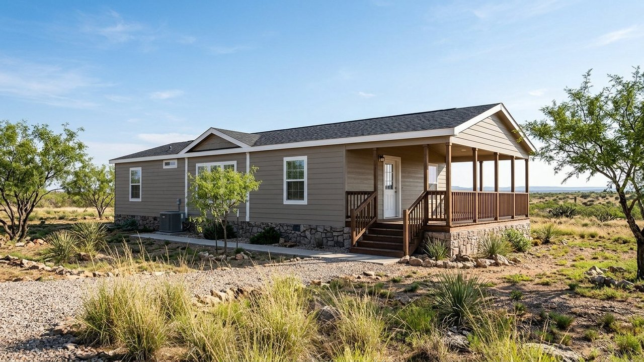 The Haven double-wide mobile home with greige siding and covered porch in Texas