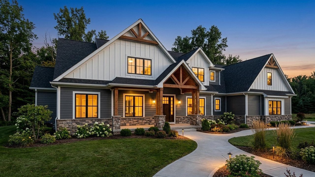 Luxury 4-bed manufactured home exterior with stone skirting and glowing windows at dusk
