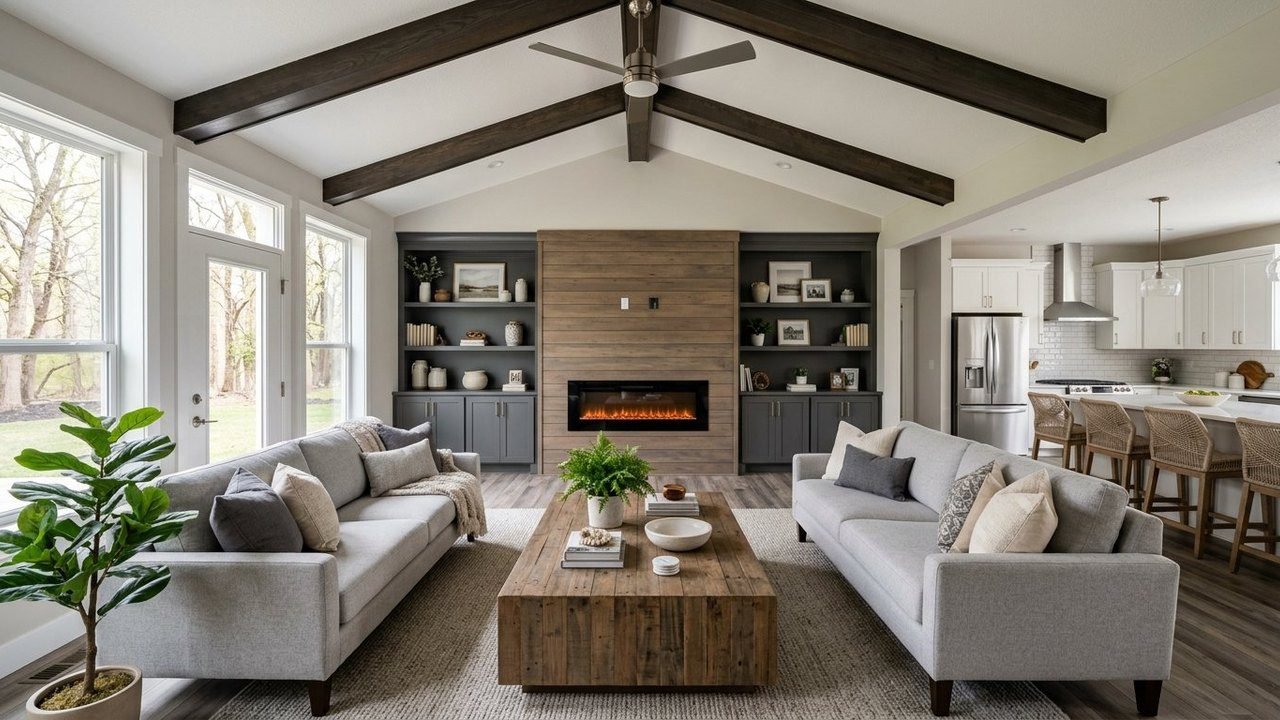 Luxury manufactured home living room with fireplace, wood beams and built-in shelving
