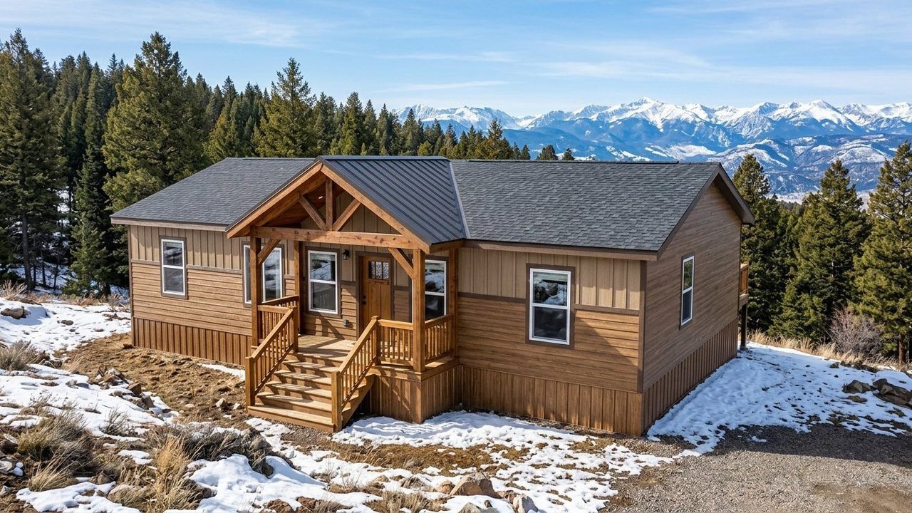 Timber Ridge 4-bedroom manufactured home with timber gable porch and mountain view