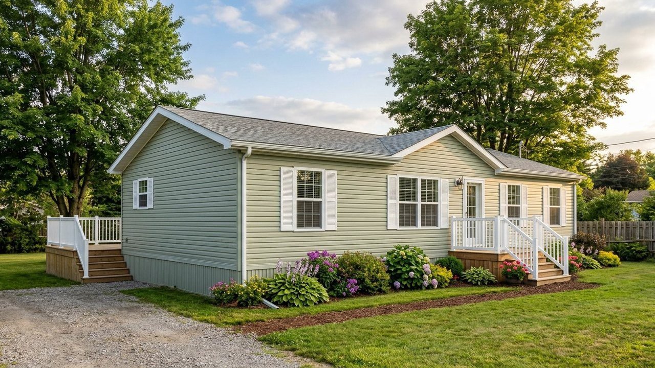 Weston #78 3-bed manufactured home with sage siding and wooden decks