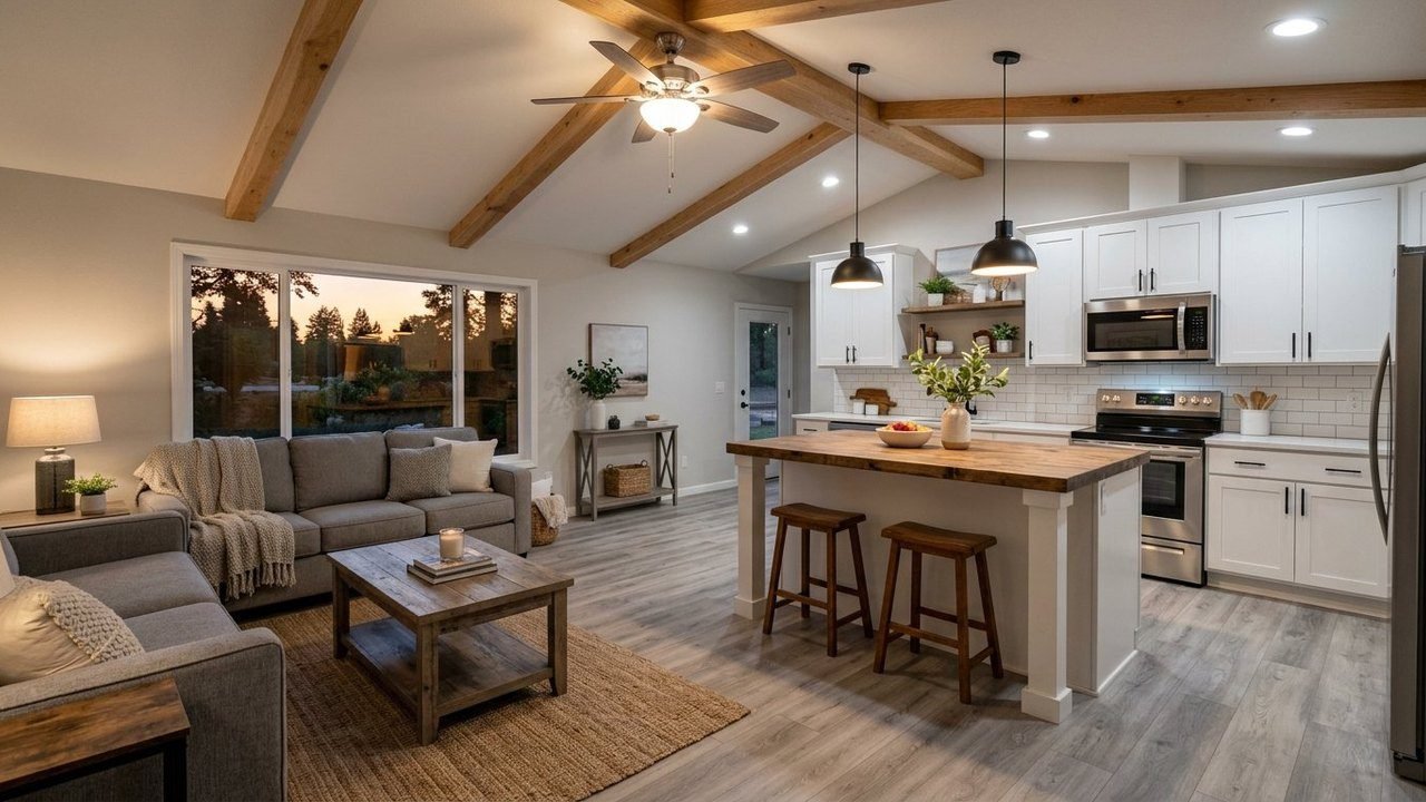 Open-concept kitchen with timber beams in a 4-bed 2,350 sq ft manufactured home