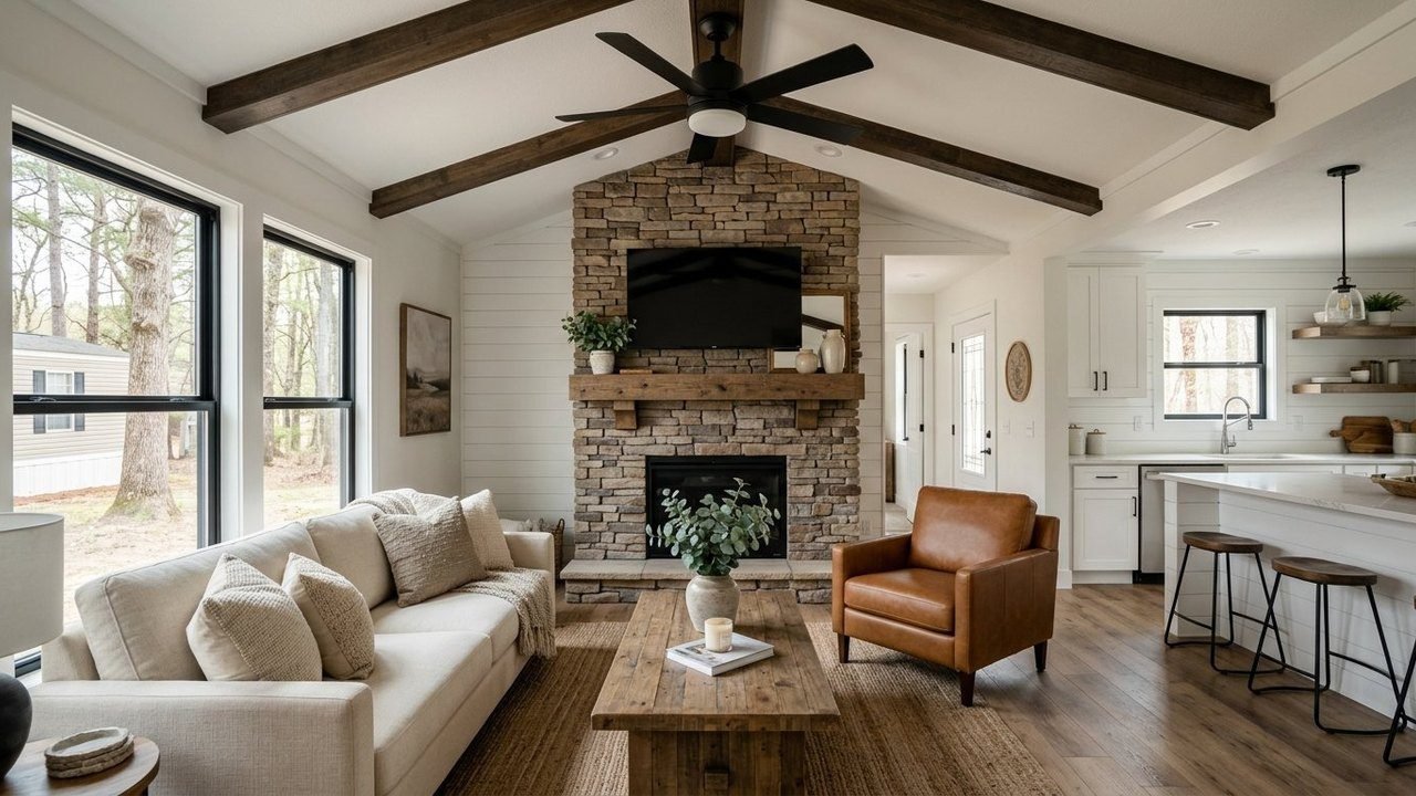 Stone fireplace and wood beam great room in a 4-bed modern farmhouse manufactured home