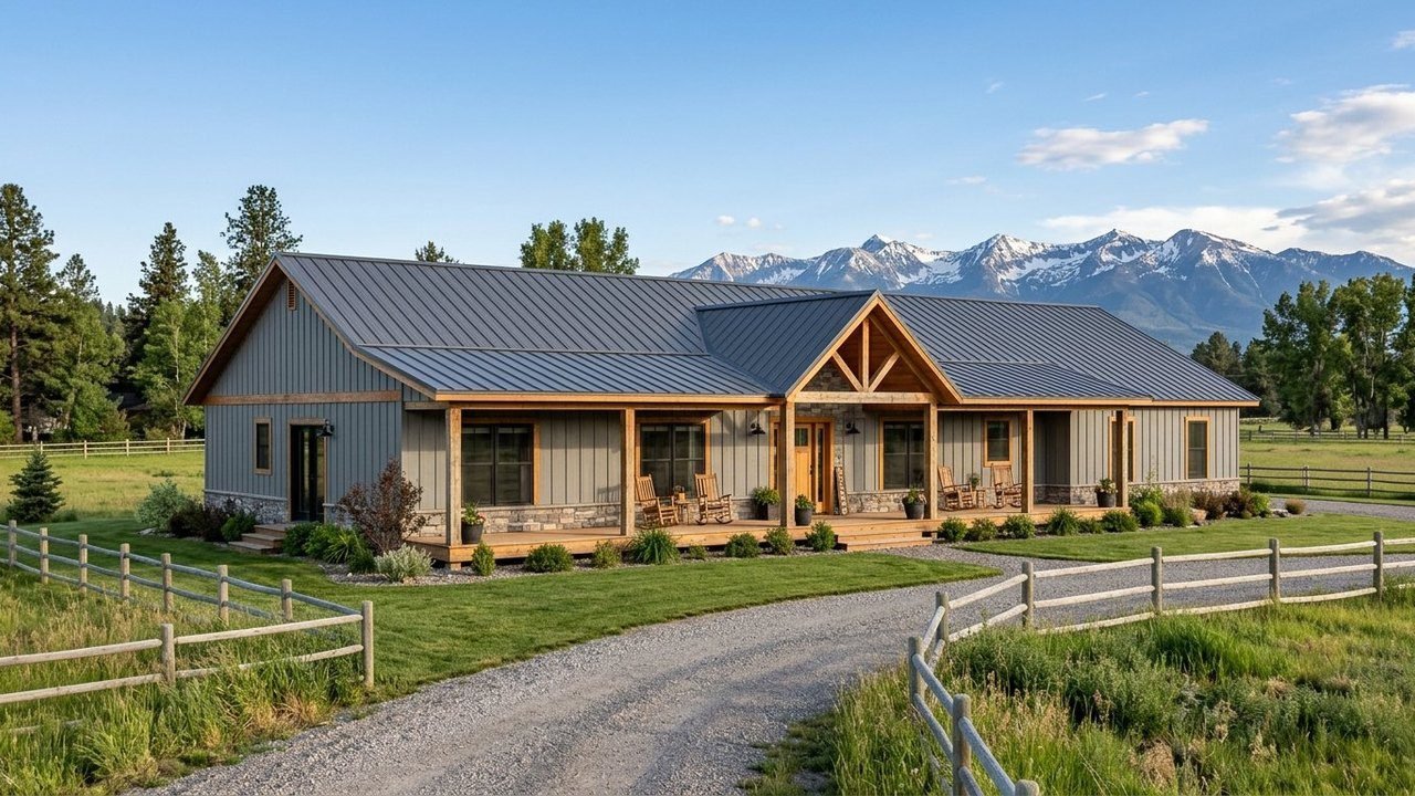 Single-story gray farmhouse manufactured home with cedar timber porch and mountain views