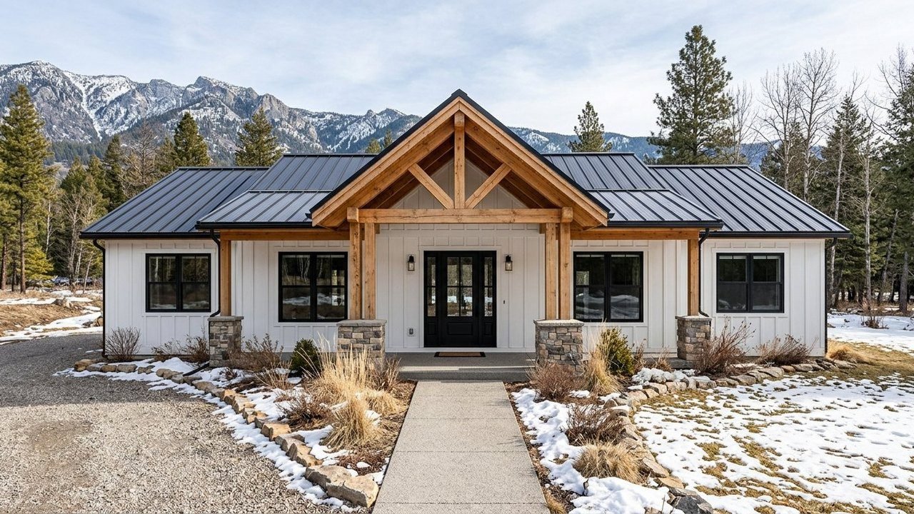 4-bed 3-bath modern farmhouse with timber porch and stone columns near mountains