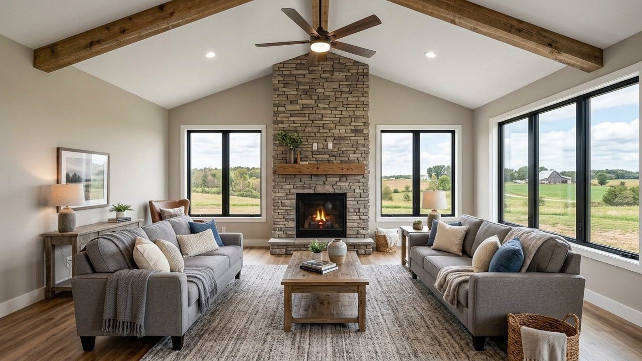 Stone fireplace and beamed ceiling living room in 4-bed 3-bath ranch home