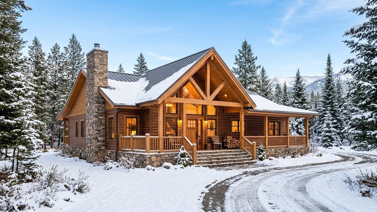 4-bed lodge-style manufactured home with timber gable and stone chimney in snow