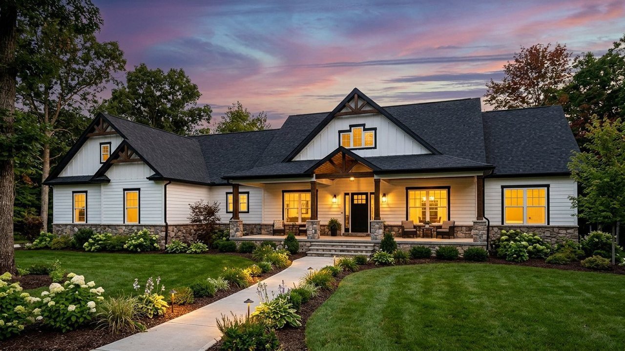Mobile home mansion triple-wide with white siding, timber gables and lit windows at dusk