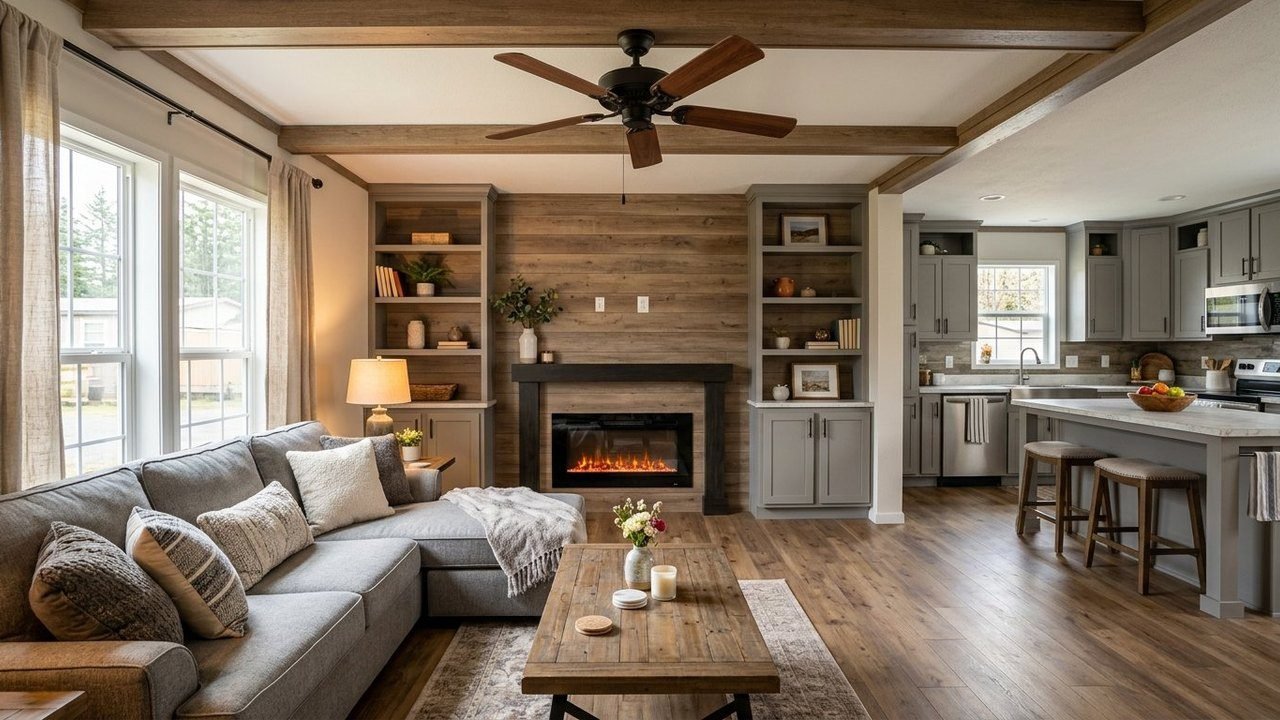 Furnished living room with fireplace inside a move-in ready lot model manufactured home