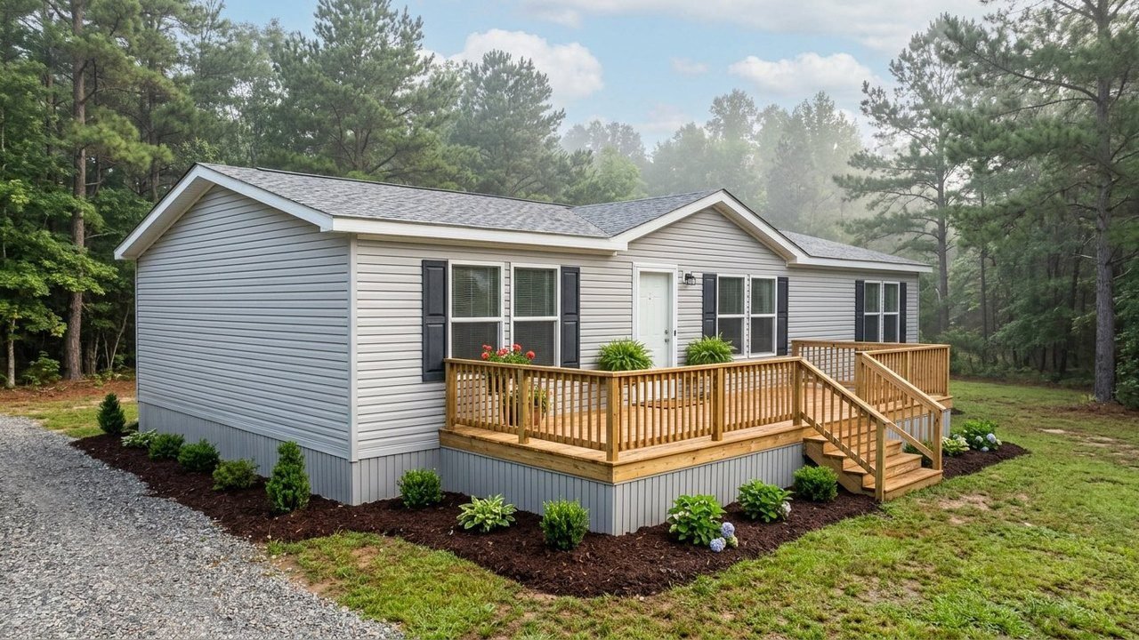 Move-in ready 4-bed 2-bath double-wide manufactured home with gray siding
