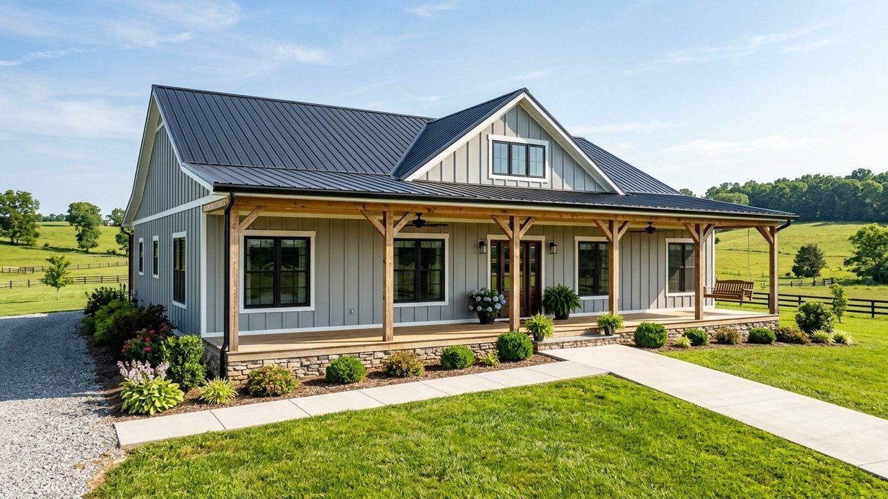 Gray modern farmhouse manufactured home with 4 beds and full-width timber porch