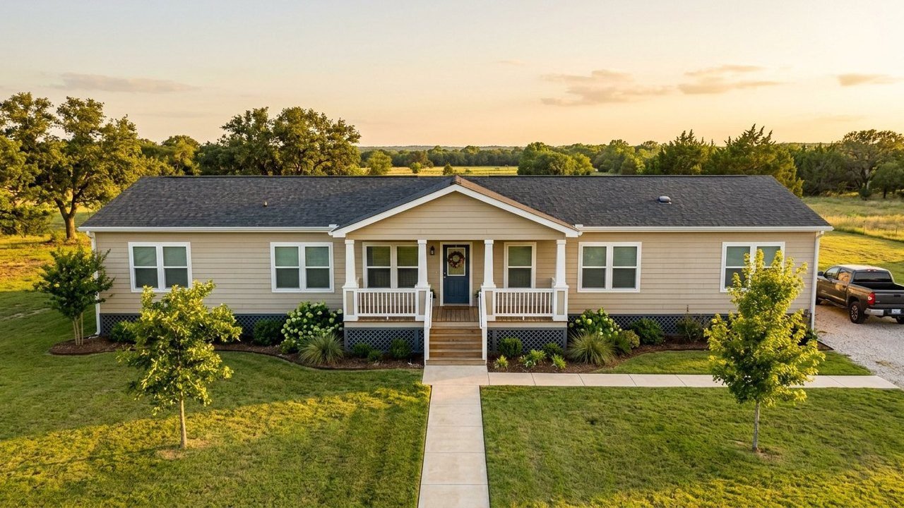 Spacious triple-wide manufactured home with 4 beds and 3 baths at golden hour