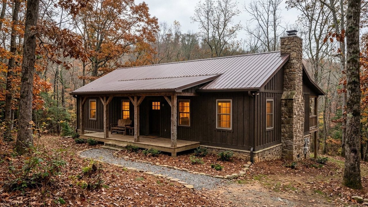 Rustic 4-bedroom manufactured home with fireplace chimney and wood siding in autumn