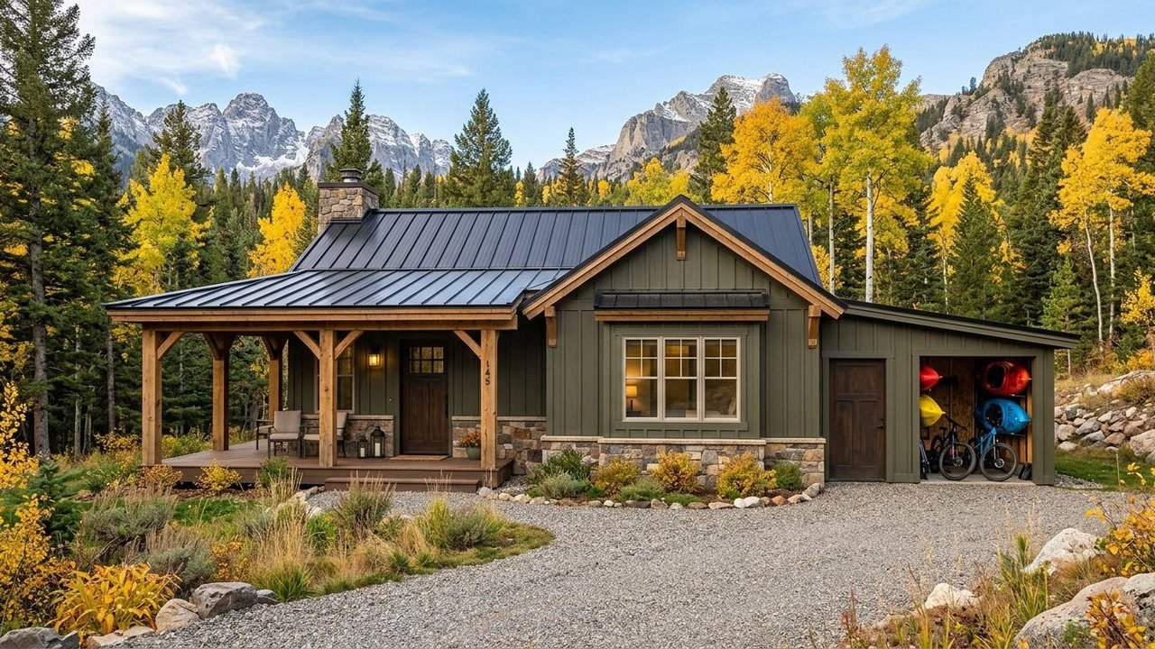 Basecamp manufactured home with green siding and timber porch in the mountains