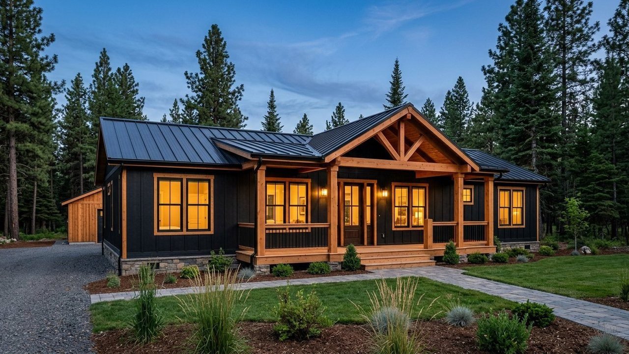Black Cedar Lodge 3-bed modern farmhouse with black siding and cedar porch at dusk