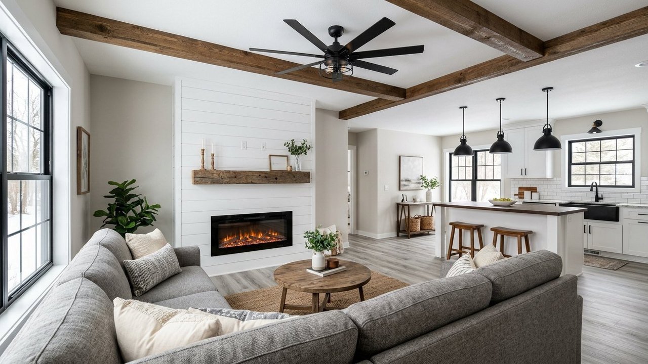 Black Pine Retreat modern farmhouse living room with fireplace and island kitchen view