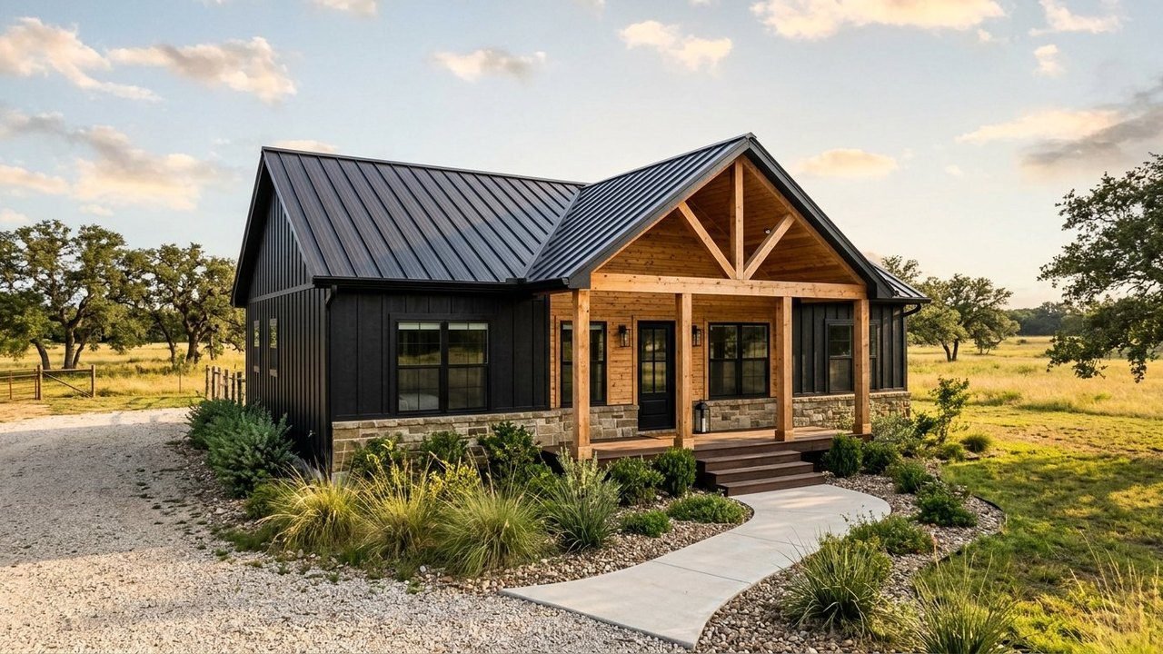 Black Timber Haven barndominium-style manufactured home with black siding and timber porch