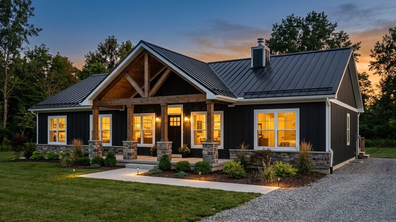 Blackstone Ranch 4-bedroom farmhouse manufactured home with stone skirting at dusk