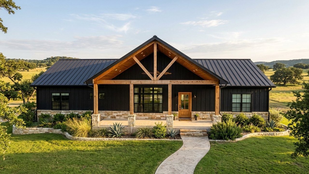 Blackstone Ranch black modern farmhouse manufactured home with timber-frame covered porch