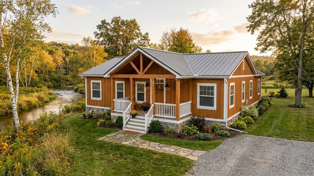 Cedar Creek farmhouse manufactured home with cedar siding and covered porch