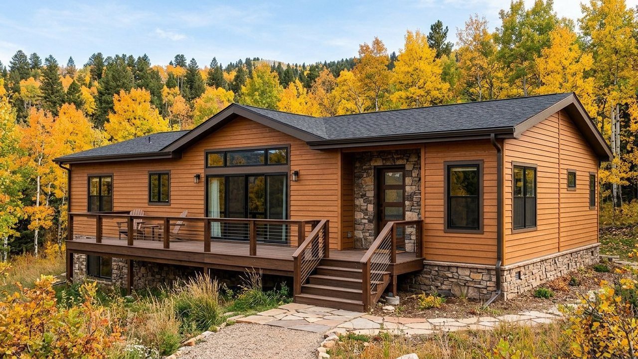 Cedarbrook Ridge Haven modern manufactured home with cedar siding, stone accents and deck