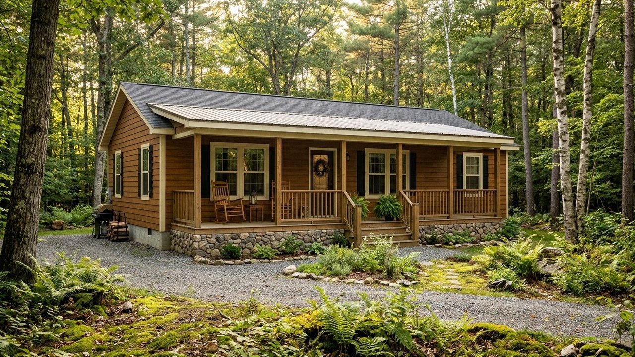 Cozy woodland manufactured home for sale with timber siding and wide front porch