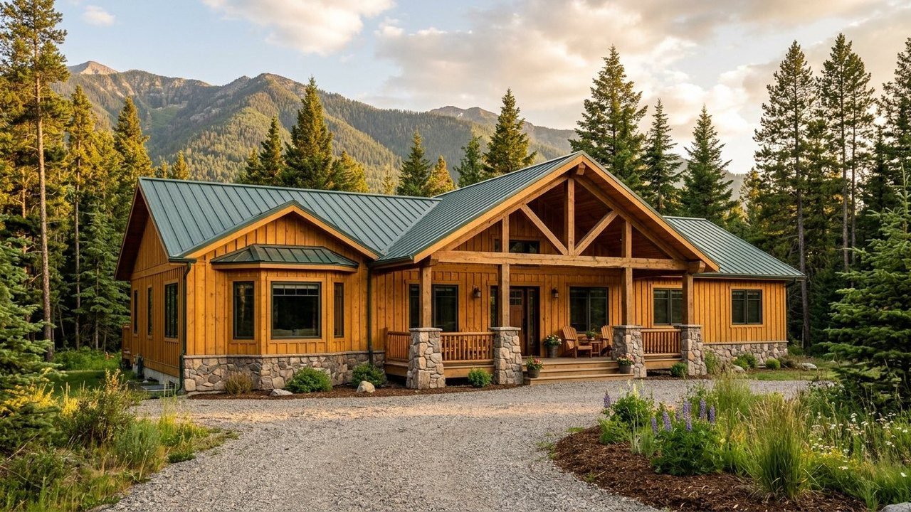 Golden Timber Lodge manufactured home with timber-frame porch and stone skirting