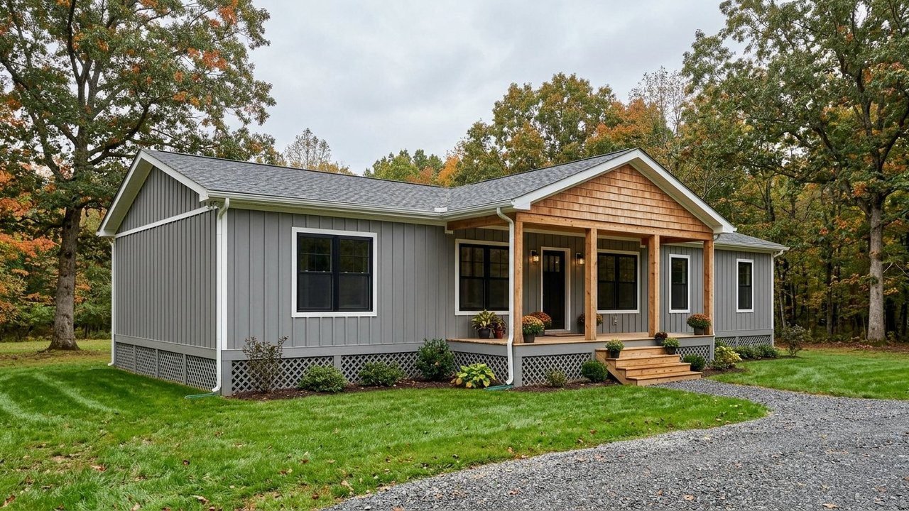 Gray farmhouse manufactured home for sale with wood details and covered entry