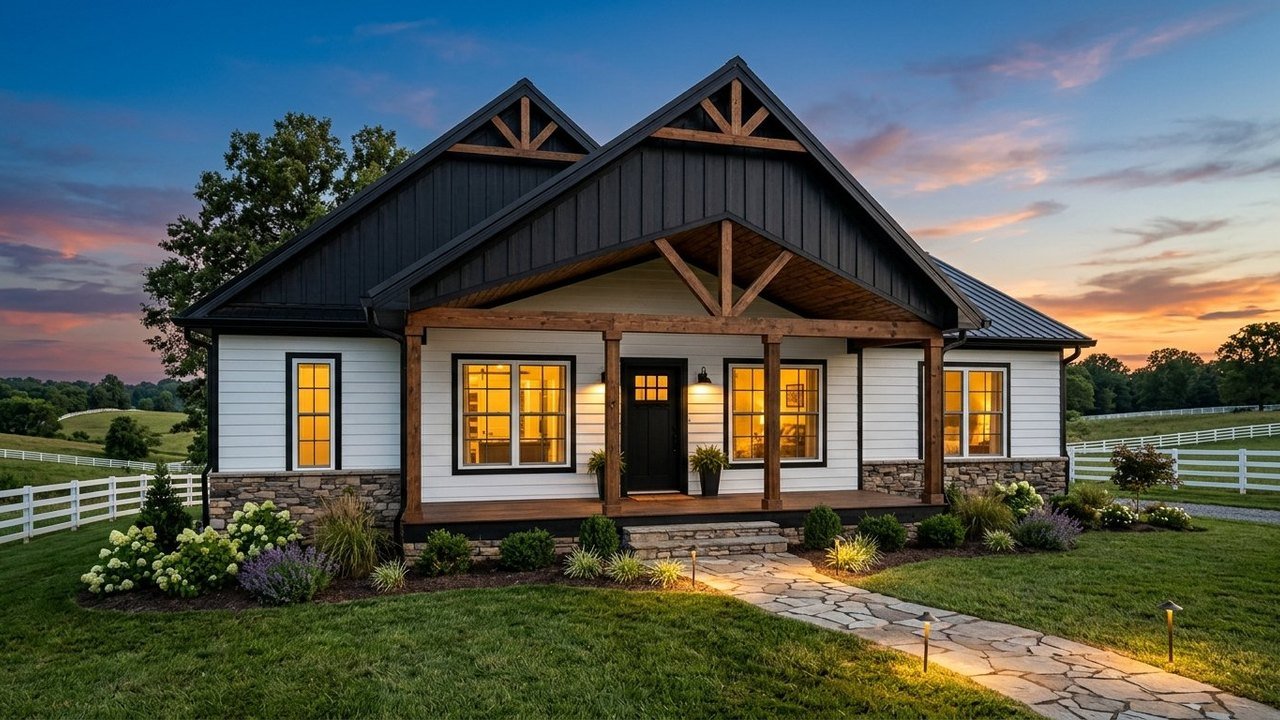 Heritage Farmhouse manufactured home with timber truss porch and glowing windows at dusk