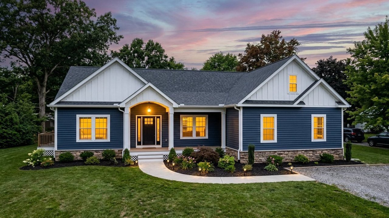 Kinlock Falls spacious 4-bedroom manufactured home with navy siding at dusk