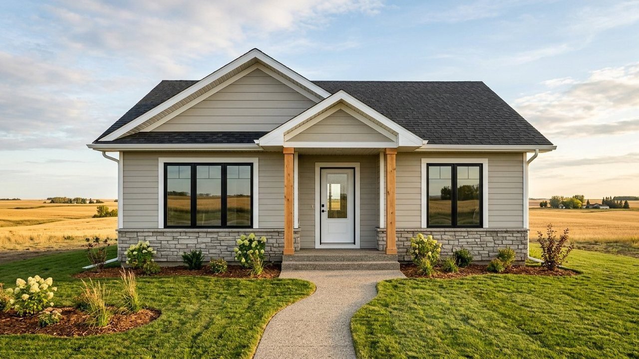 Kunzite RTM home exterior, single-story 3 bedroom custom home with covered entry porch